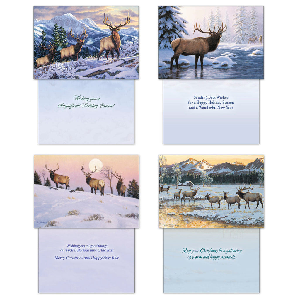 Four holiday greeting cards displayed with their fronts and corresponding inside messages. Designs feature elk in snowy mountain landscapes, by a flowing stream, and under a full moon, with various season's greetings.