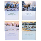Four holiday greeting cards displayed with their fronts and corresponding inside messages. Designs feature elk in snowy mountain landscapes, by a flowing stream, and under a full moon, with various season's greetings.