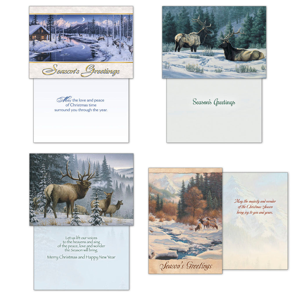 Another four holiday greeting cards, showcasing front and inside views. Designs include elk near a winter cabin by a lake, two elk in a snowy forest, a herd of elk in a winter forest, and a lone elk by a stream, all with heartfelt seasonal messages.