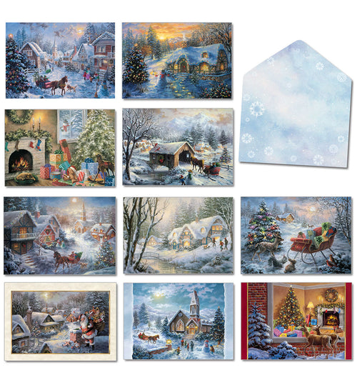 Assortment of nine traditional winter village and festive outdoor holiday greeting cards with a coordinating snowflake-patterned envelope. Features detailed artwork with snow, sleighs, cozy homes, and decorated trees.