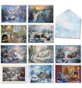 Assorted greeting cards featuring ten unique Nicky Boehme winter wonderland scenes including snow-covered villages, Santa, sleighs, reindeer, and an envelope.