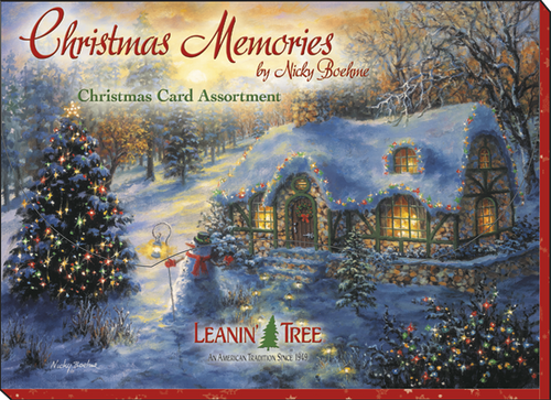 Product box for 'Christmas Memories' holiday card assortment by artist Nicky Boehme, featuring a snowy cottage with glowing lights and a decorated pine tree, from Leanin' Tree.