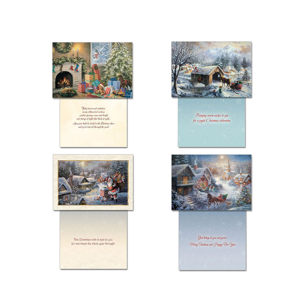 Four distinct holiday greeting cards displayed with their corresponding interior messages. Scenes include a fireplace, a covered bridge, a Santa Claus scene, and a village street.