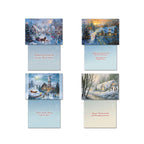 Four more open assorted holiday cards, showcasing various peaceful snow-covered village, church, and cozy home scenes with their corresponding warm internal greetings.