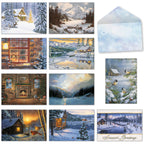 Assortment of festive winter cabin and snowy landscape greeting cards with a matching snowflake-patterned envelope, featuring serene natural scenes.