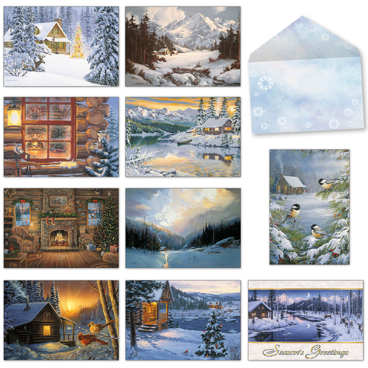 Assortment of festive winter cabin and snowy landscape greeting cards with a matching snowflake-patterned envelope, featuring serene natural scenes.