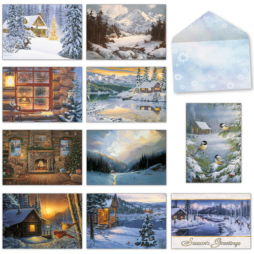 Scenic winter greeting card assortment featuring snowy cabins, serene landscapes, deer, cardinals, and festive lights, perfect for holiday well wishes.