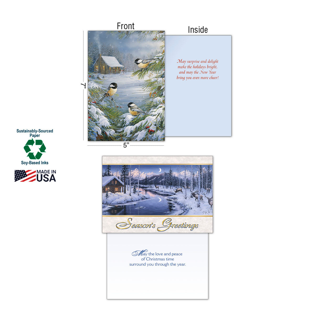 Details of a winter greeting card, showing front (chickadees on snowy branch) and inside greetings, dimensions, and sustainability features like Made in USA, soy-based inks, and sustainably-sourced paper.