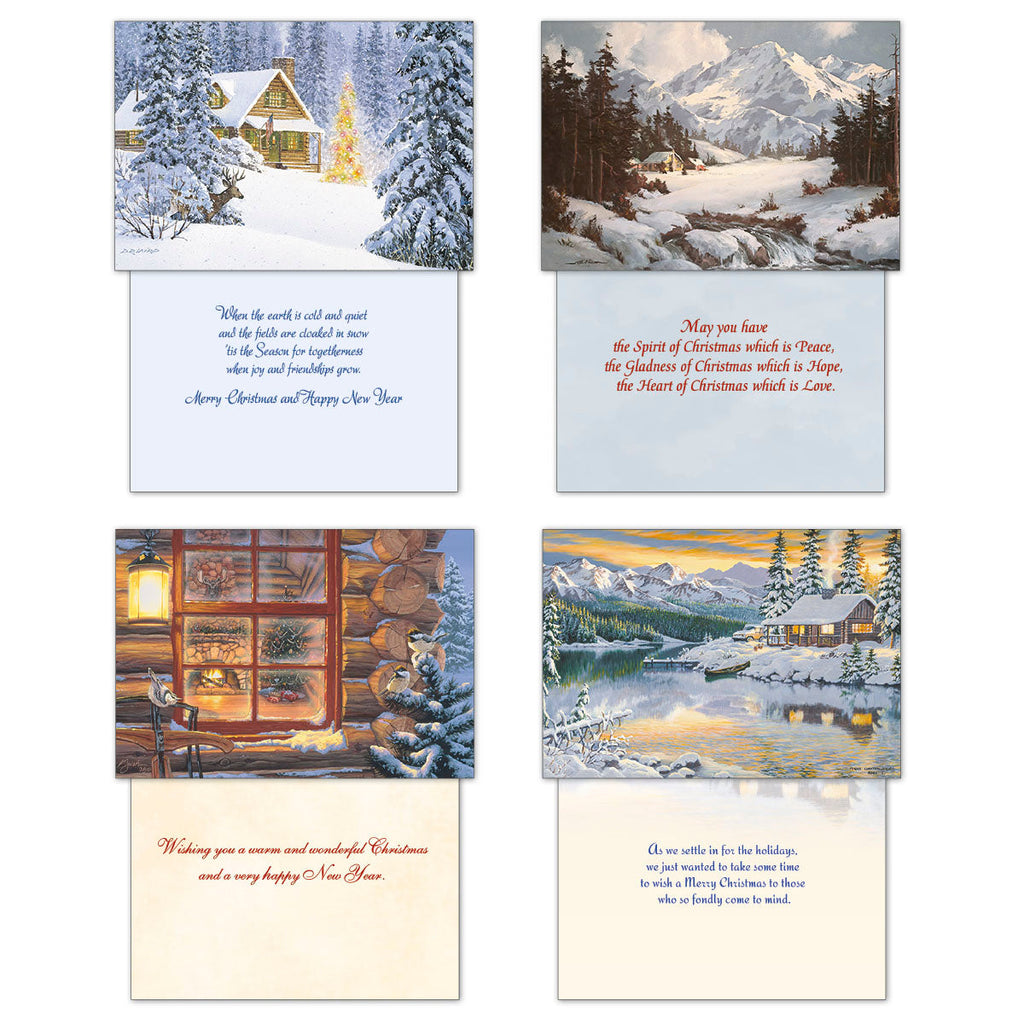 Four distinct winter greeting card designs, each paired with its interior message, showcasing snowy cabins, forests, and festive sentiments for the season.