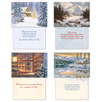 Four distinct winter greeting card designs, each paired with its interior message, showcasing snowy cabins, forests, and festive sentiments for the season.