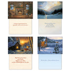 Collection of four unique winter holiday cards and their thoughtful internal greetings, depicting cozy cabin interiors and serene snowy outdoor scenes.