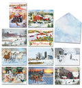 Assortment of festive winter farm greeting cards featuring snow-covered barns, tractors, animals, and rural landscapes.