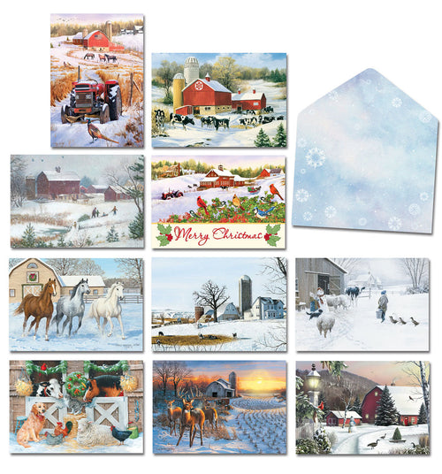 Collection of diverse farm-themed winter holiday greeting cards, featuring barns, snowy landscapes, wildlife, and domestic animals, accompanied by a snowflake-patterned envelope.