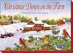 Leanin' Tree 'Christmas Down on the Farm' greeting card assortment box cover, showcasing a snowy barnyard scene with birds and a sleigh.