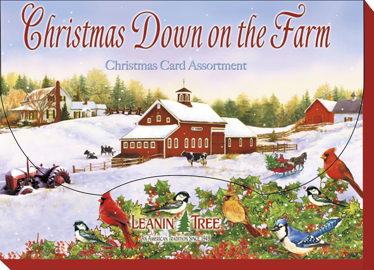 Leanin' Tree 'Christmas Down on the Farm' greeting card assortment box cover, showcasing a snowy barnyard scene with birds and a sleigh.