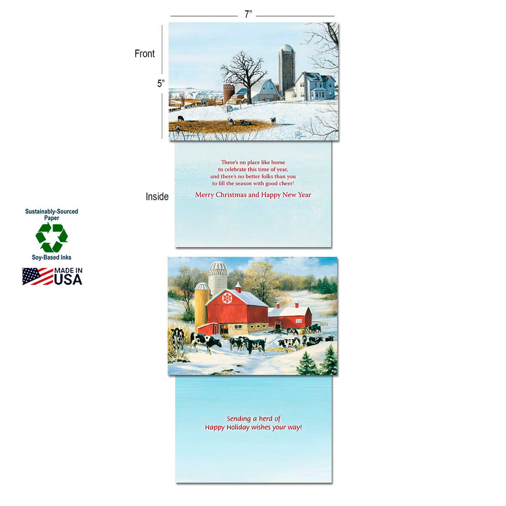 Two open greeting cards from the farm assortment, displaying a snowy barn front design and inside messages wishing happy holidays. Includes size overlay and 'Made in USA' label.
