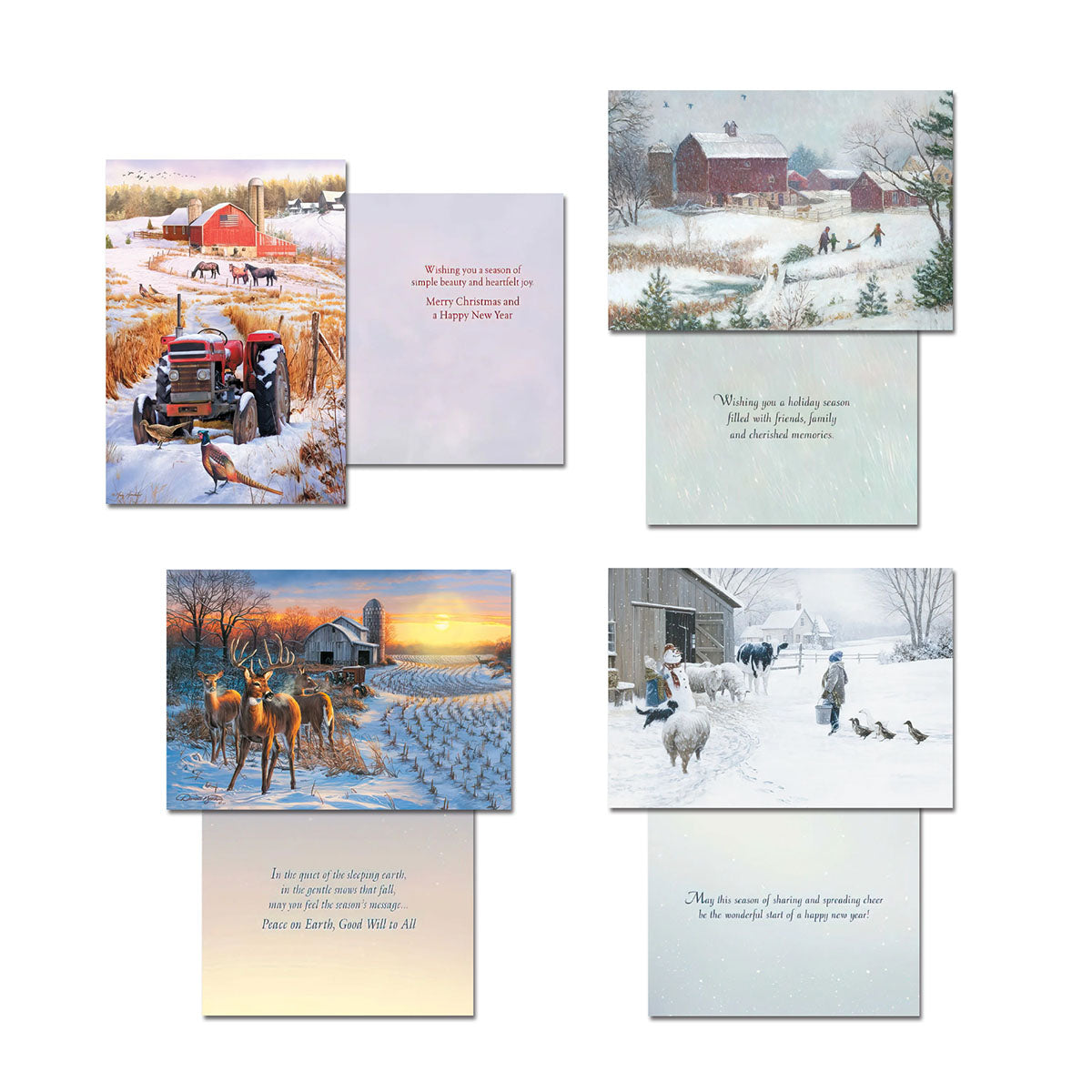 Variety of open holiday greeting cards showing detailed winter farm scenes and heartfelt messages inside, featuring deer, horses, and a red barn.