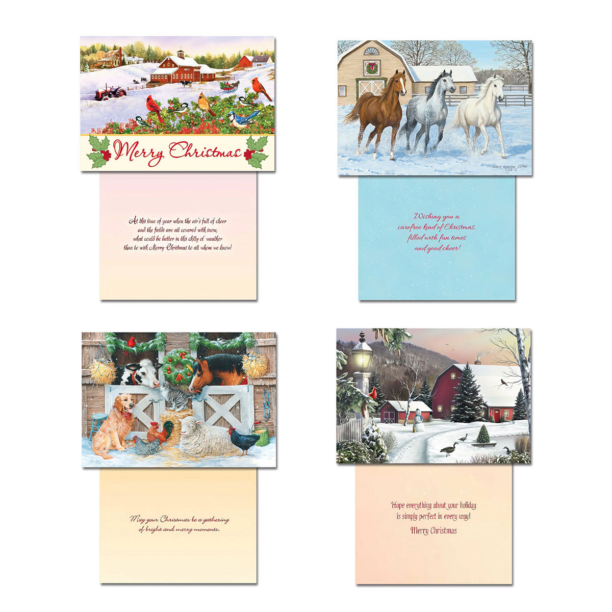 Four additional farm animal and winter landscape holiday cards, featuring cheerful birds, majestic horses, barnyard animals, and a serene farm sunset, with their heartfelt interior greetings.