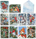 Assortment of 10 unique greeting cards, each featuring vibrant artwork of colorful songbirds (cardinals, blue jays, woodpeckers, finches) in charming winter and holiday scenes with snow, birdhouses, and festive decorations. Includes a matching envelope with snowflakes.