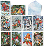 Assortment of 10 unique greeting cards, each featuring vibrant artwork of colorful songbirds (cardinals, blue jays, woodpeckers, finches) in charming winter and holiday scenes with snow, birdhouses, and festive decorations. Includes a matching envelope with snowflakes.