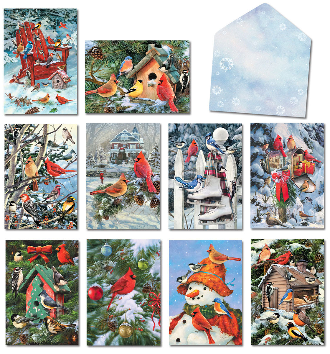 Assortment of 10 unique greeting cards, each featuring vibrant artwork of colorful songbirds (cardinals, blue jays, woodpeckers, finches) in charming winter and holiday scenes with snow, birdhouses, and festive decorations. Includes a matching envelope with snowflakes.