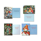 Four different open greeting cards from the assortment. Designs include: birds on snowy branches ('Warm and friendly wishes'), birds around a feeder ('May all the little delights bring joy'), birds on a snowman ('May your holidays be filled with all the little things that make you smile'), and birds at a birdhouse ('May the warmth of friendship and the wonders of nature add special joy').