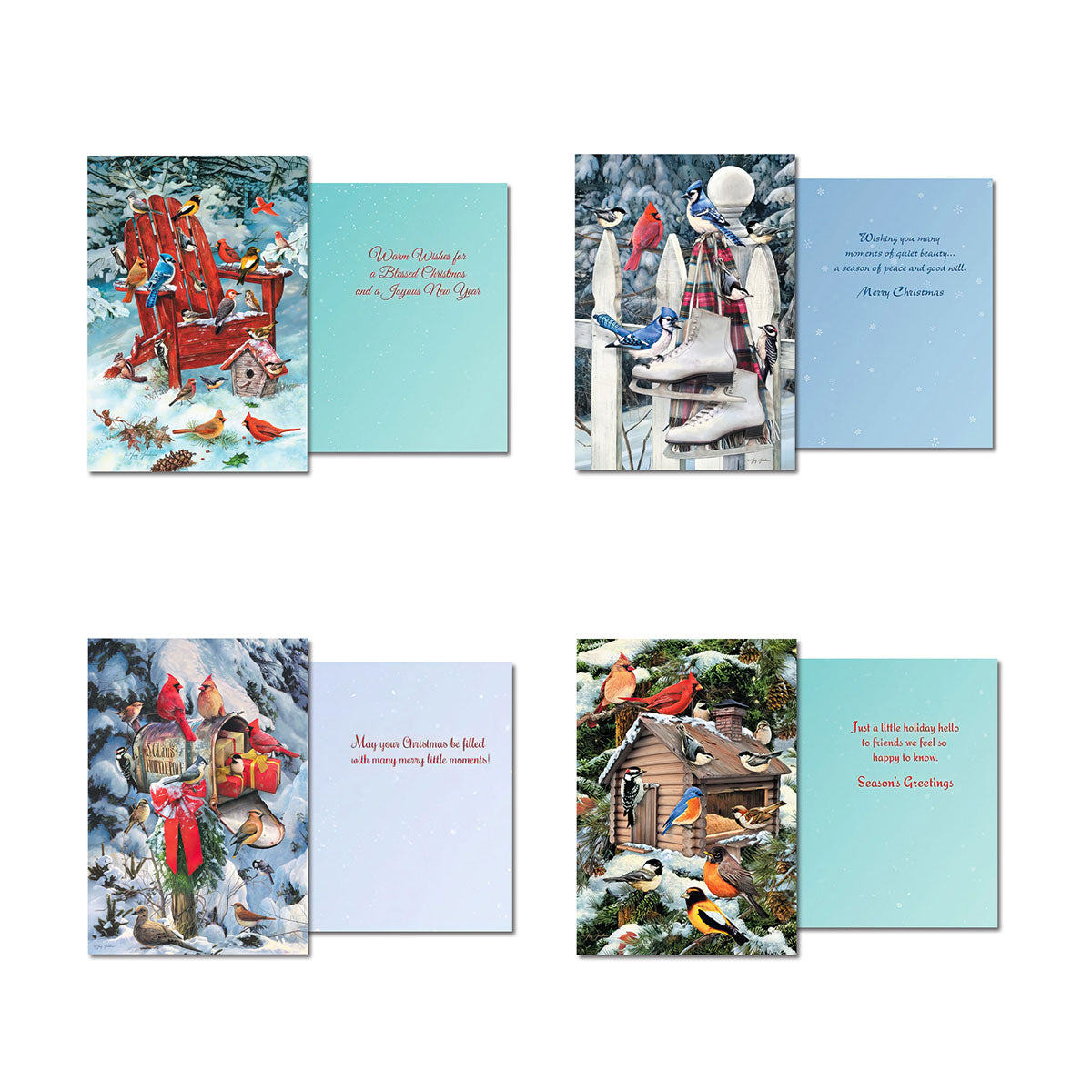 Four additional open greeting cards from the assortment. Designs feature: birds around a red Adirondack chair ('Warmest Wishes for a Merry Christmas and a Happy New Year'), blue jays on ice skates on a fence ('Wishing you many moments of quiet beauty... Merry Christmas'), cardinals by a snowy mailbox ('May your Christmas be filled with many merry little moments!'), and various birds around a birdhouse ('Just a little holiday hello to friends we feel so happy to know. Season's Greetings').