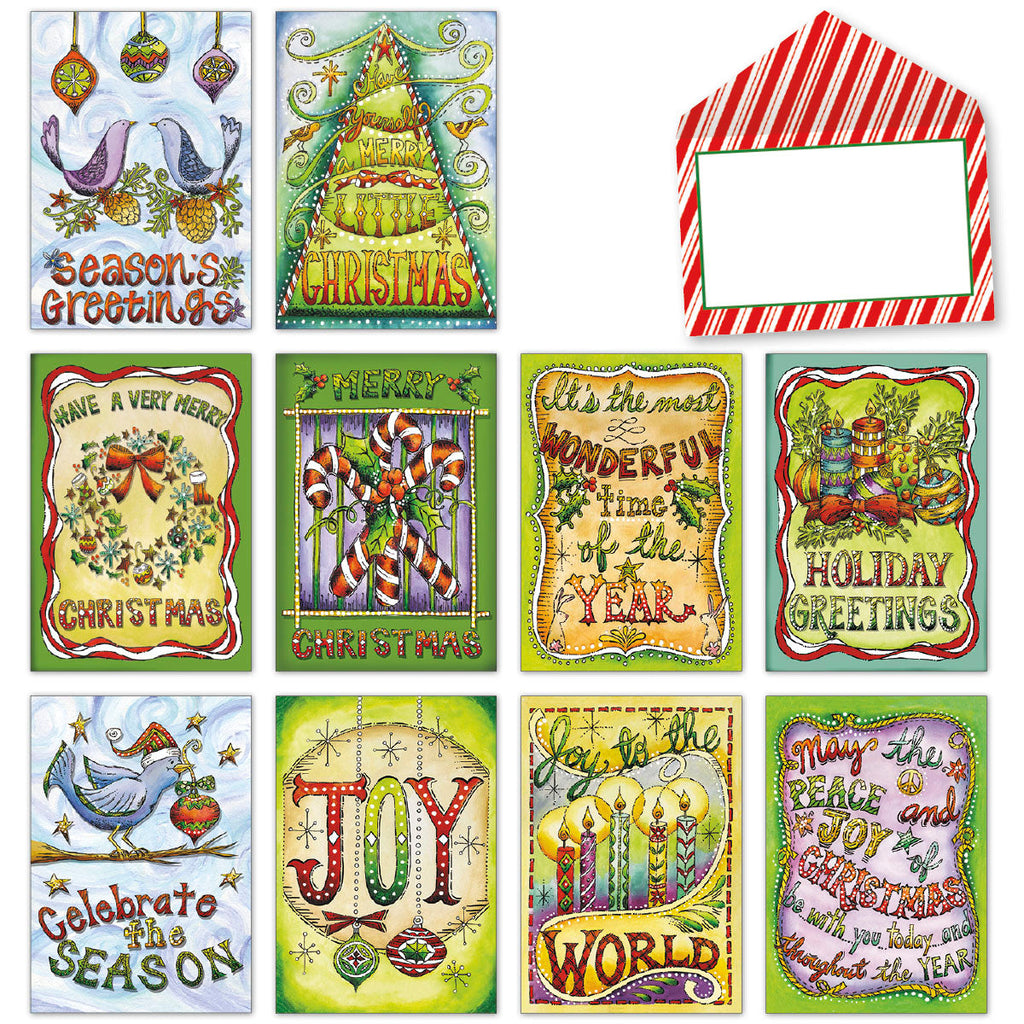 Colorful holiday greeting card assortment featuring 8 unique festive designs including birds, Christmas trees, candy canes, and holiday wreaths with a red striped envelope. Perfect for seasonal greetings.