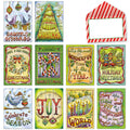 Colorful holiday greeting card assortment featuring 8 unique festive designs including birds, Christmas trees, candy canes, and holiday wreaths with a red striped envelope. Perfect for seasonal greetings.