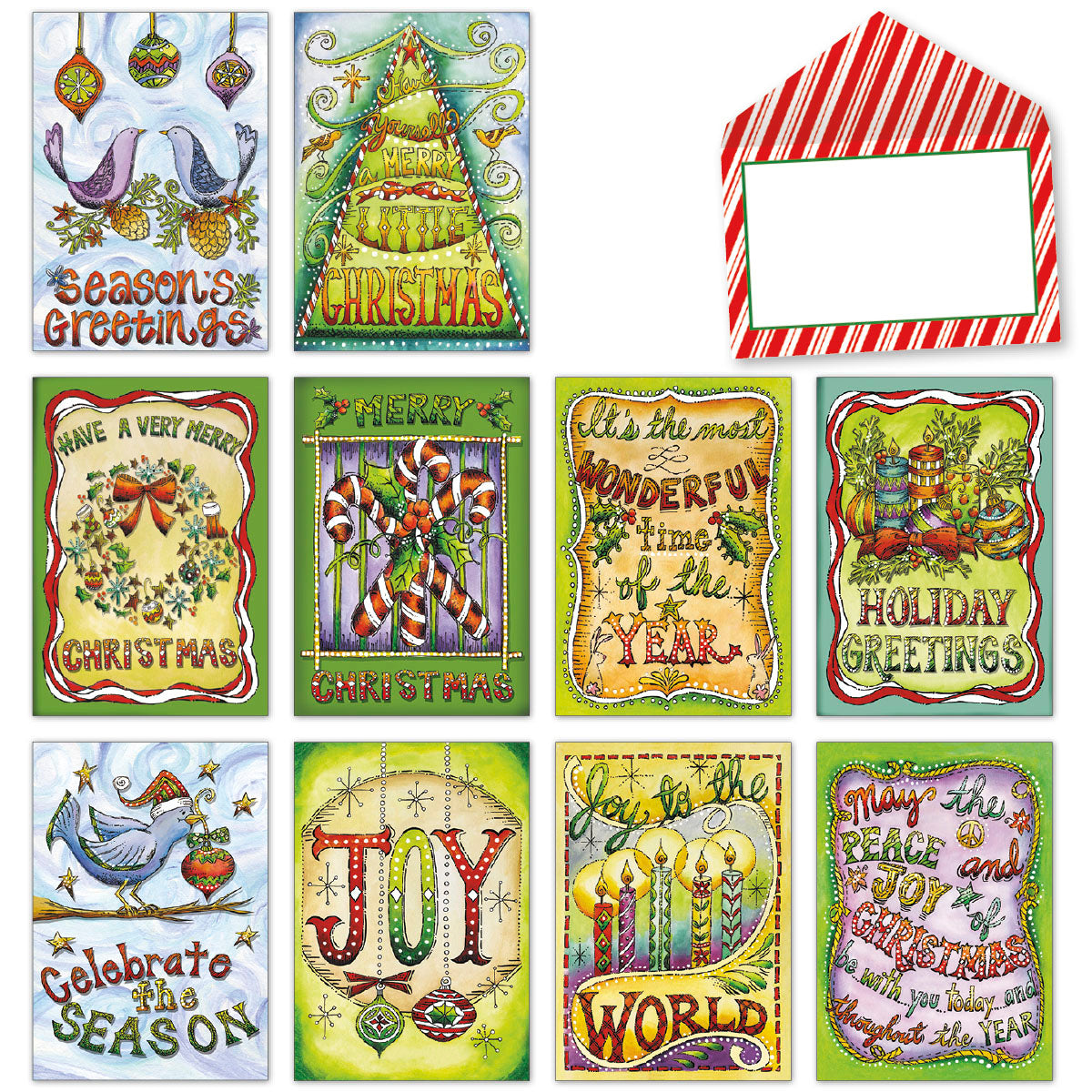 Colorful holiday greeting card assortment featuring 8 unique festive designs including birds, Christmas trees, candy canes, and holiday wreaths with a red striped envelope. Perfect for seasonal greetings.
