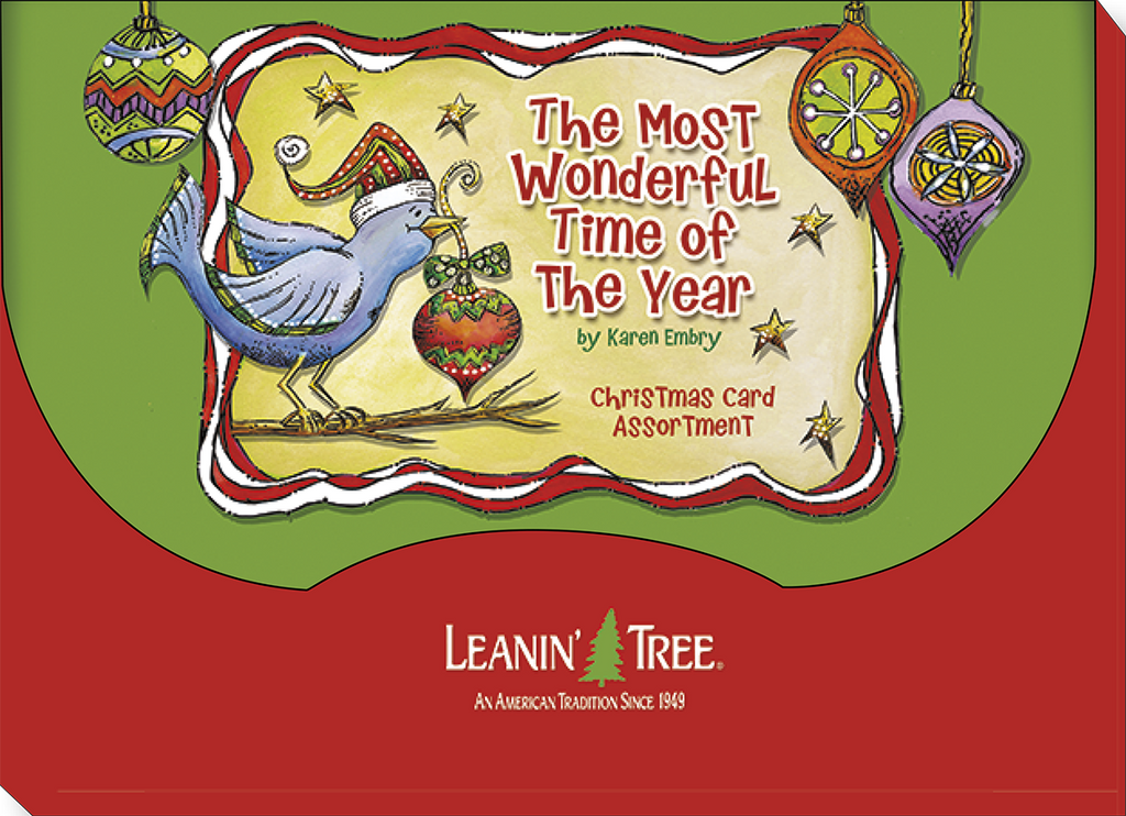 Packaging for the Leanin' Tree holiday greeting card assortment. Shows a cheerful blue bird with a Santa hat on a branch, "The Most Wonderful Time of The Year" title, and Leanin' Tree logo.