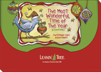Packaging for the Leanin' Tree holiday greeting card assortment. Shows a cheerful blue bird with a Santa hat on a branch, "The Most Wonderful Time of The Year" title, and Leanin' Tree logo.