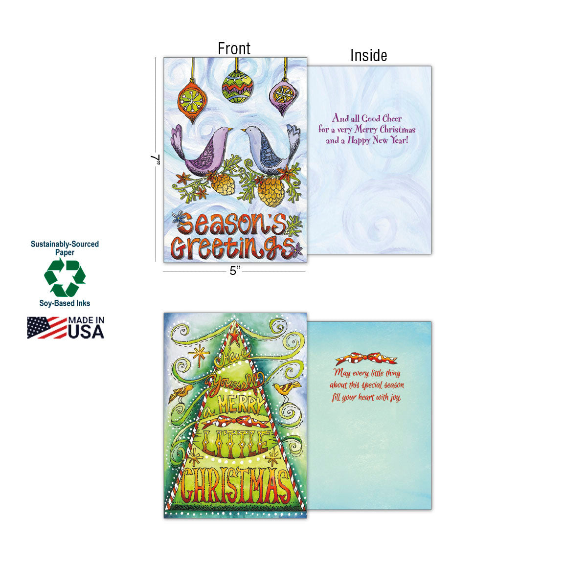Close-up of two holiday greeting cards showing front and inside messages: 'Season's Greetings' with birds, and a 'Merry Little Christmas' tree design. Dimensions 7x5 inches, highlighting sustainably-sourced paper and soy-based inks.