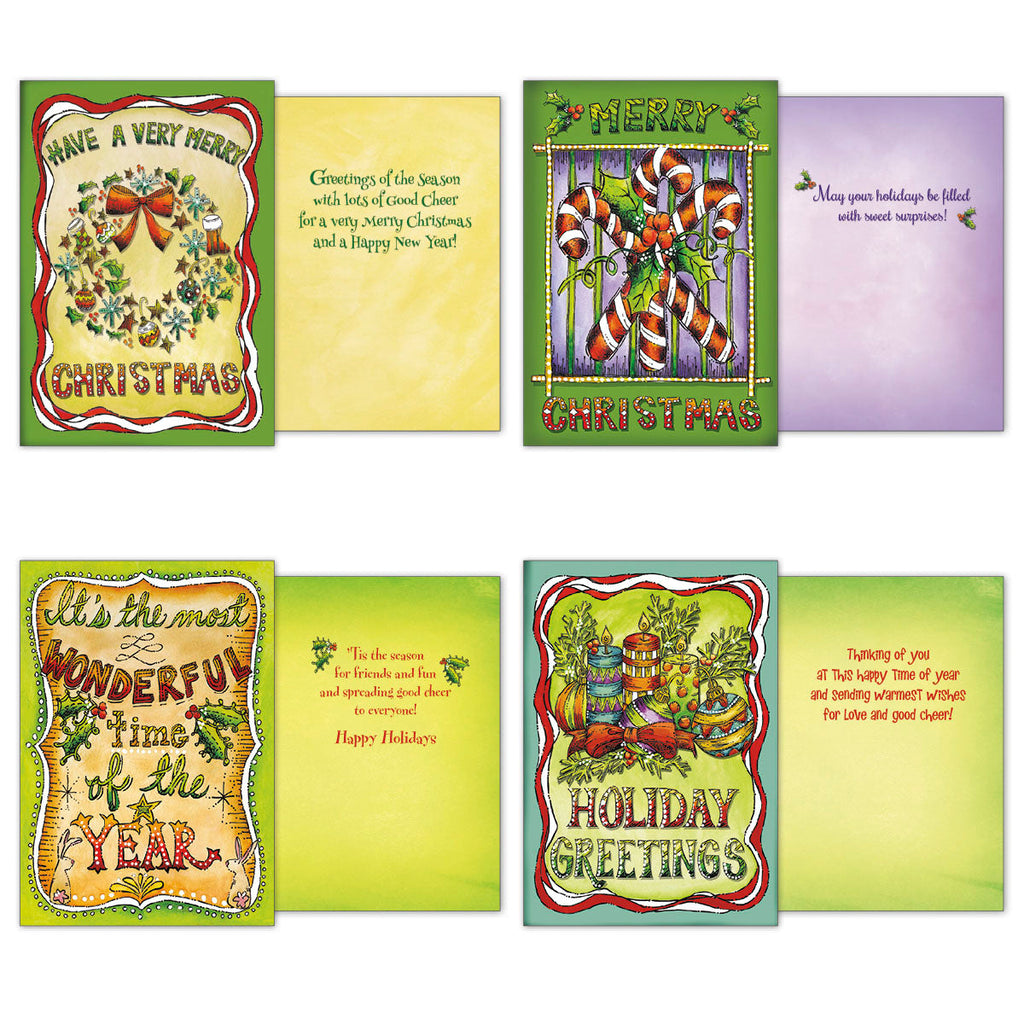 Assortment of four holiday cards displaying front and interior messages. Designs include a festive wreath 'Have a Very Merry', candy canes 'Merry Merry', 'Wonderful Time of the Year', and 'Holiday Greetings' with candles and gifts.