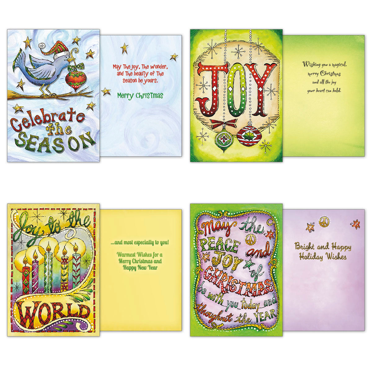 Assortment of four additional holiday cards showing front and inside messages. Designs feature a festive bird 'Celebrate the Season', 'Joy' with ornaments, 'Joy to the World' with candles, and 'Peace and Joy' with a colorful tree.