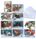 Assortment of festive Christmas greeting cards featuring various watercolor illustrations of draft horses pulling sleighs and wagons in snowy winter landscapes, including a blank 'Season's Greetings' envelope.