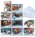 Assortment of festive Christmas greeting cards featuring various watercolor illustrations of draft horses pulling sleighs and wagons in snowy winter landscapes, including a blank 'Season's Greetings' envelope.