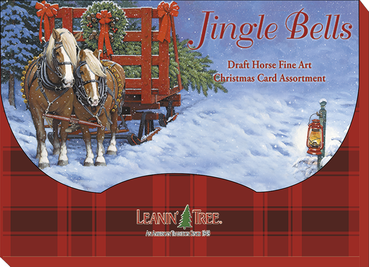 Close-up of the Jingle Bells Draft Horse Fine Art Christmas Card Assortment box, showing two decorated horses pulling a red wagon in a snowy scene with a lantern, framed by a red plaid border.