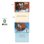 Detailed view of two Christmas cards from the assortment, showing the front illustration of horses by a barn and the inside message, along with packaging highlights like 'Made in USA' and 'Soy-Based Inks'.