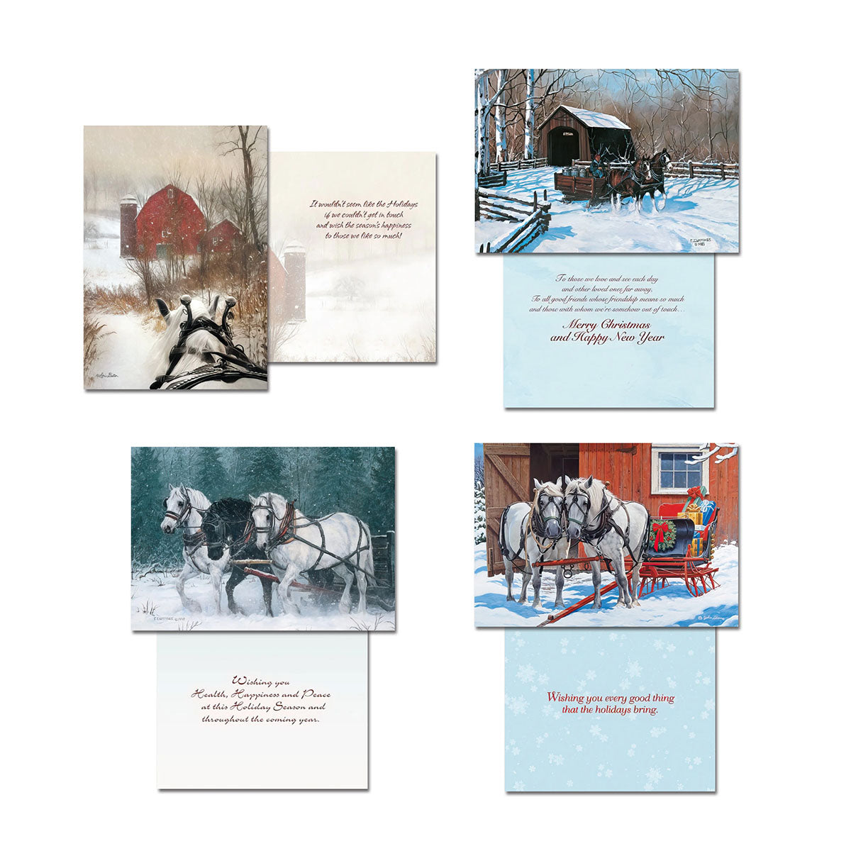 Selection of four unique Christmas greeting card designs from the assortment, each displaying a different festive horse and winter scene illustration on the front and a heartfelt holiday message inside.