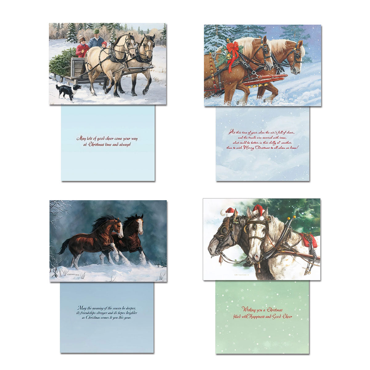 Another set of four distinct Christmas card designs from the collection, featuring charming illustrations of horses and winter holiday moments, paired with diverse seasonal greetings inside.