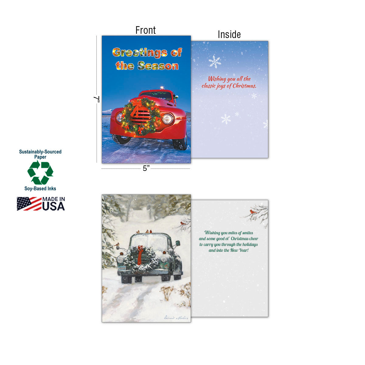 Two open greeting cards showing front and inside, with "Greetings of the Season" red truck and a green truck in snow, plus eco-friendly details like 'Sustainably-Sourced Paper' and 'Soy-Based Inks' and 'Made in USA'.