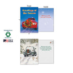 Two open greeting cards showing front and inside, with "Greetings of the Season" red truck and a green truck in snow, plus eco-friendly details like 'Sustainably-Sourced Paper' and 'Soy-Based Inks' and 'Made in USA'.