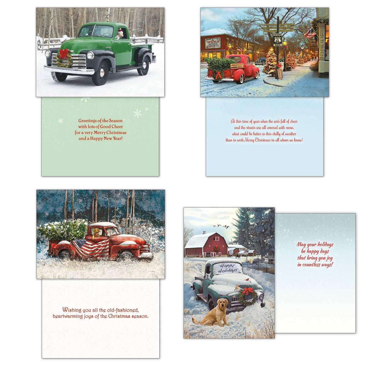 Four open holiday greeting cards showcasing different vintage truck designs: a green truck, a red truck in a town, a red truck with an American flag and tree, and a green truck with a golden retriever at a snowy farm. Inside messages include 'Greetings of the Season' and 'Wishing you all the old-fashioned, heartwarming joys of the Christmas season'.