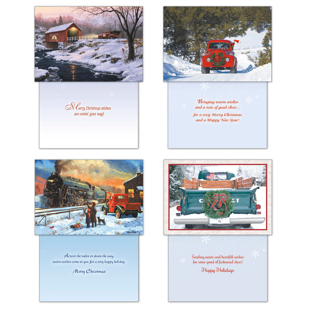 Four open holiday greeting cards displaying nostalgic winter scenes: a red covered bridge, a red truck on a snowy road, a steam train at a station, and a green truck's tailgate with a wreath. Inside messages convey warm wishes like 'Merry Christmas wishes are comin' your way!' and 'Sending warm and heartfelt wishes'.