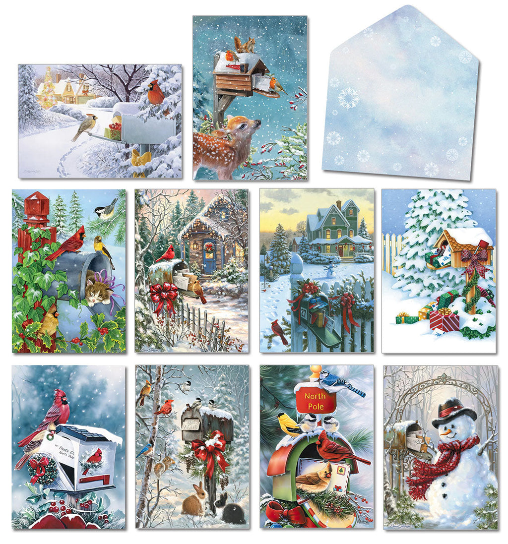 Assortment of eight unique winter wonderland greeting cards, each depicting charming snowy scenes with mailboxes, cardinals, deer, and cozy villages, suitable for holiday greetings.