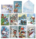 Assortment of eight unique winter wonderland greeting cards, each depicting charming snowy scenes with mailboxes, cardinals, deer, and cozy villages, suitable for holiday greetings.