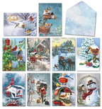 Assortment of eight unique winter wonderland greeting cards, each depicting charming snowy scenes with mailboxes, cardinals, deer, and cozy villages, suitable for holiday greetings.