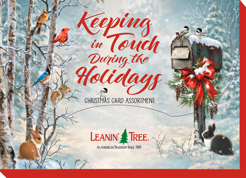 Leanin' Tree holiday card assortment showcasing 'Keeping in Touch During the Holidays' with a rustic mailbox, birds, and rabbits in a snowy forest, perfect for seasonal greetings.