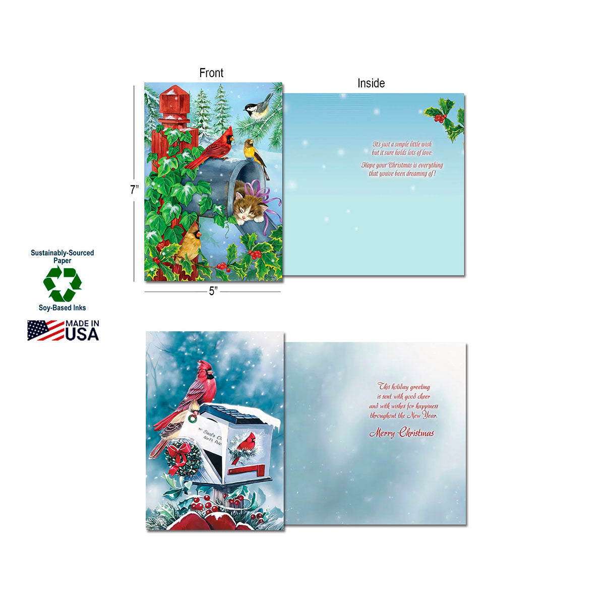 Detailed view of two Leanin' Tree holiday cards, showing front and inside designs with winter birds by a mailbox, highlighting 7x5 inch dimensions, sustainably-sourced paper, and Made in USA quality.